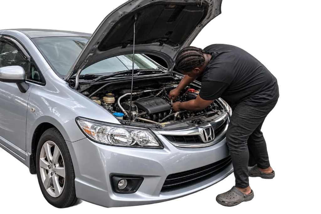 Ishmael working on a silver Honda Civic at IS Auto Repairs, Kingston